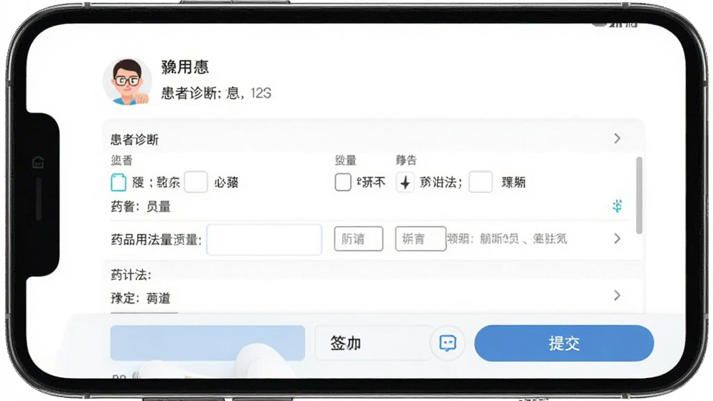 ԥ��һҽ��App���ߴ����������棬�ֻ���Ļչʾ�����༭ҳ�棬����Ϊ�Ϸ����������Ϣ���в�ҩƷ�б����·�ǩ�����ύ��ť�����Ϊ���ҽ�Ʒ磬ϸ�ڰ���ҩƷ�÷�������д�򣬻����������ɾ����޶���Ԫ��