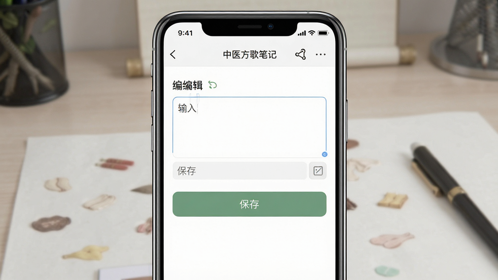 中医方歌笔记功能预览图,主体为手机界面展示笔记编辑区域,布局上下结构,排版清晰,风格简约学习风,细节包含输入框与保存按钮,画质干净,无多余元素