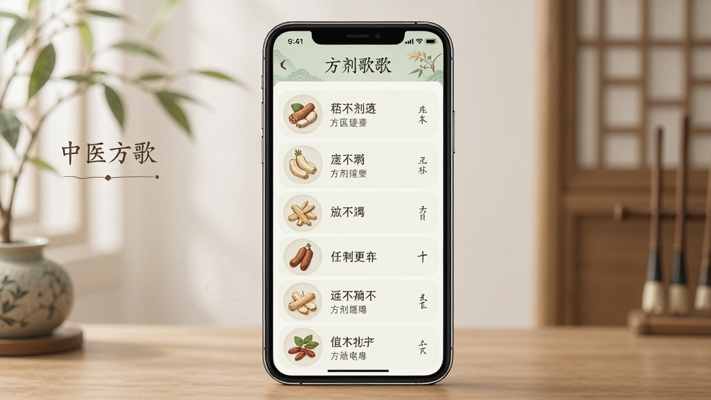 中医方歌软件界面展示,主体为手机屏幕显示方剂歌诀列表,布局居中,排版简洁,风格清新中医风,细节包含药材图标与文字条目,画质清晰,干净无多余元素
