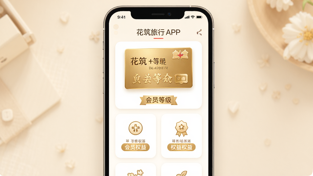 ��������APP��ԱȨ��ҳ�棬����Ϊ�ֻ���Ļչʾ��Ա�ȼ���Ȩ��ͼ�꣬����Ϊ����չʾ���Ű�Ϊ��Ƭʽ���У����Ϊ��ܰ��ͣ�ϸ��Ϊ��ɫ��Ա����Ȩ���ǩ�����ʸ��塢�ɾ����޶���Ԫ��