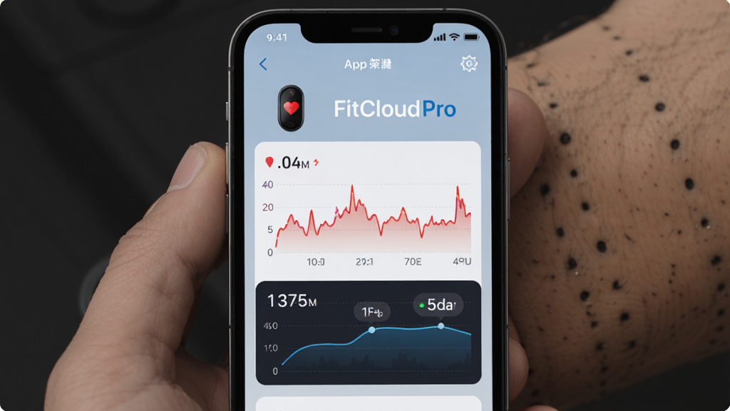 FitCloudPro智能手环APP健康监测界面,主体为手机屏幕显示心率血压数据图表,布局居中,排版简洁,风格现代科技感,细节包含手环图标和数据曲线,画质清晰干净无多余元素