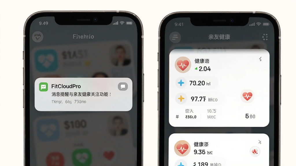 FitCloudPro手环APP消息提醒与亲友健康关注功能展示图,主体为手机界面弹出提醒和亲友健康卡片,布局清晰,排版整齐,风格温馨简约,细节包含消息图标和健康数据,画质干净无多余元素