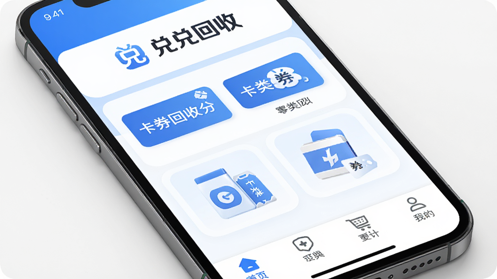 �ֻ���Ļչʾ�Ҷһ���App��ҳ���棬�Ϸ��жҶһ������ֱ�ʶ���м��Ǹ��࿨ȯ���շ���ͼ���������룬�ײ������������ɼ����������������ɫ����񣬱����ɾ�������Ԫ�أ����廭��