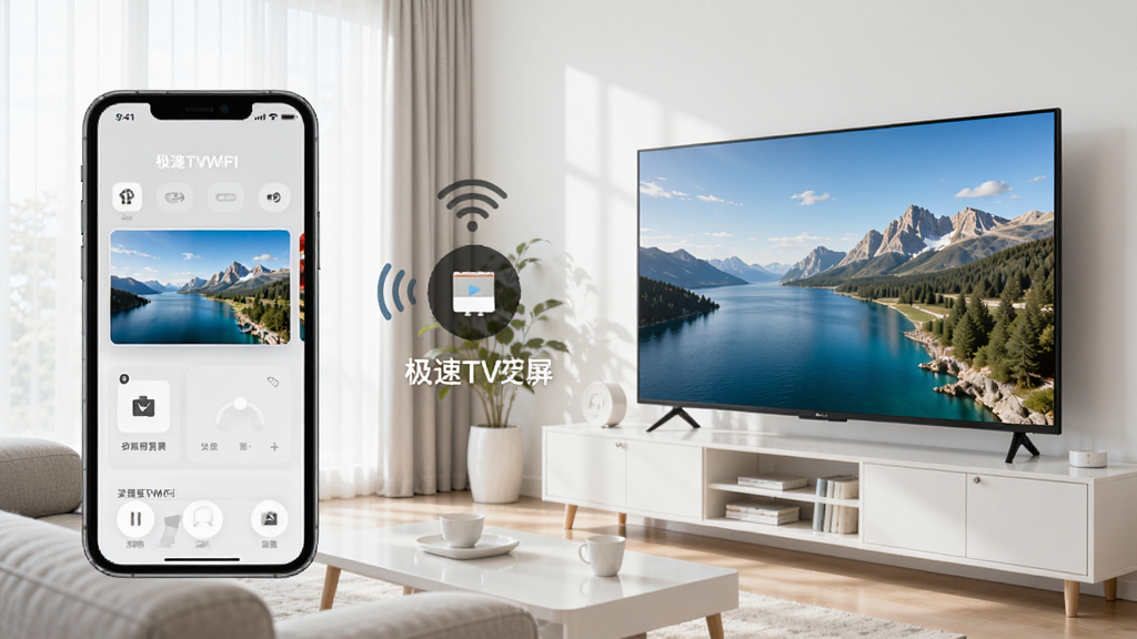 极速TV投屏软件界面展示,手机与电视连接同一WiFi,画面同步投射到电视大屏,客厅场景,简洁明亮风格,高清画质,干净无多余元素
