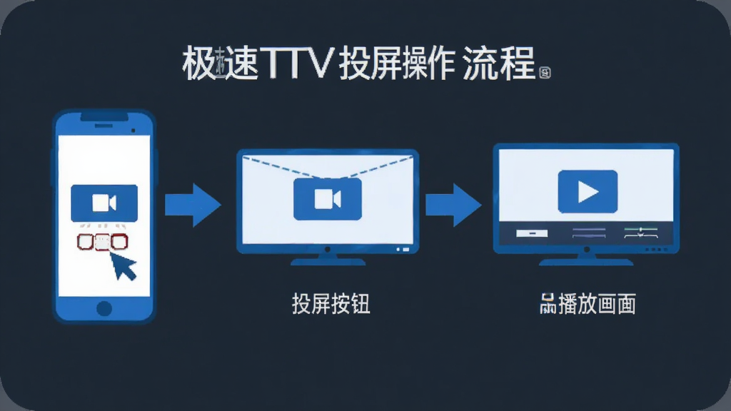 极速TV投屏操作流程图,手机端点击投屏按钮,电视端显示播放画面,步骤清晰,扁平化设计风格,蓝色主色调,干净整洁