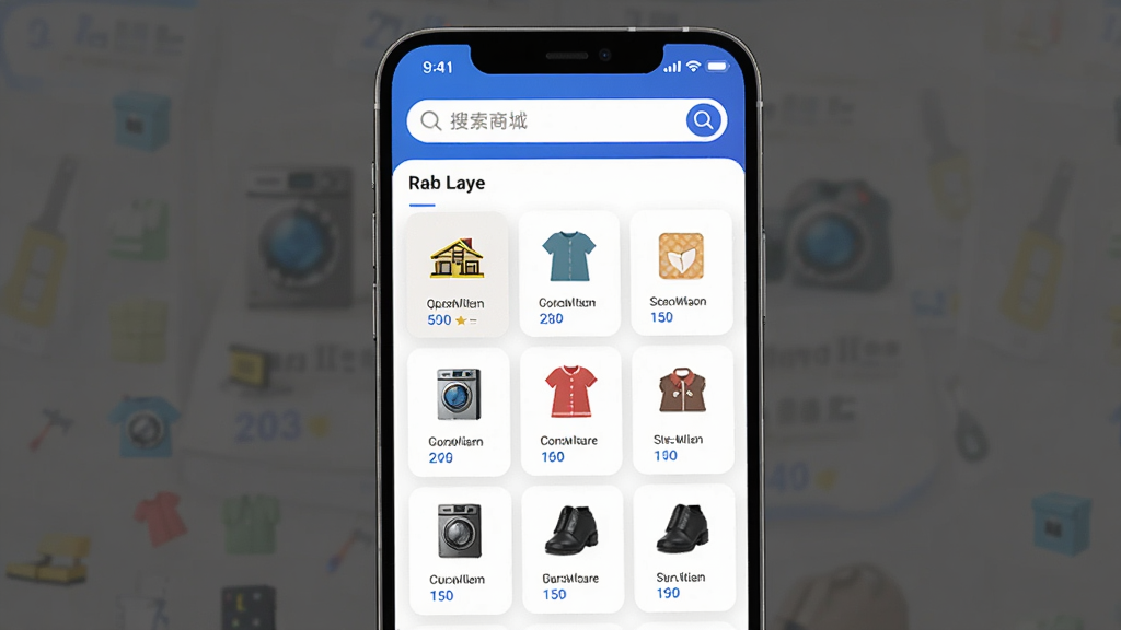 大集商城APP首页展示,主体为手机屏幕界面,布局上方搜索栏下方商品分类宫格,排版整齐清晰,风格商务简约,细节包含五金家电服饰等品类图标,画质高清干净无多余元素