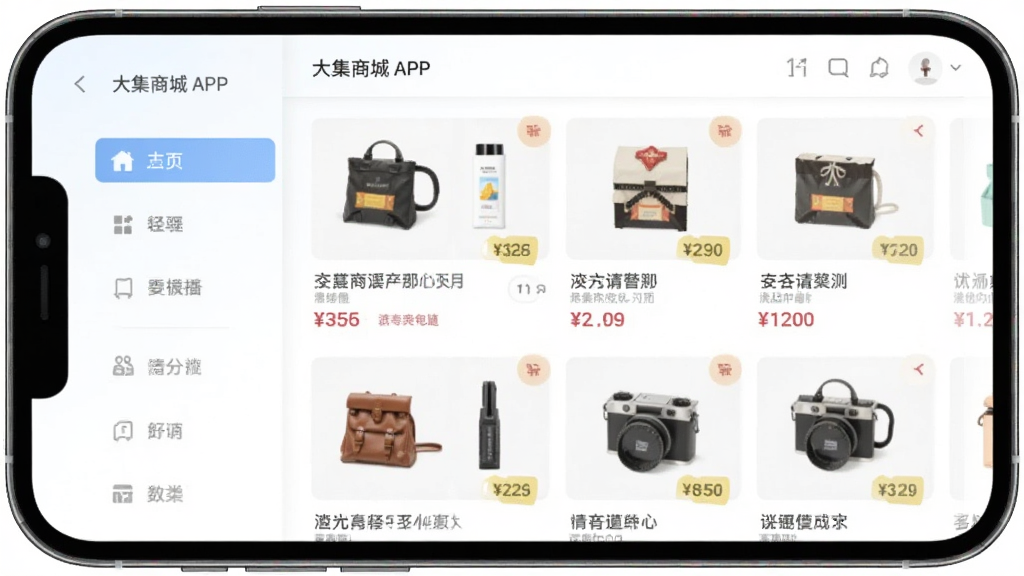 大集商城APP商品分类页面,主体为手机屏幕显示多品类商品列表,布局左侧分类导航右侧商品展示,排版清晰有序,风格清新浅色,细节包含商品缩略图和价格标签,画质高清干净无多余元素