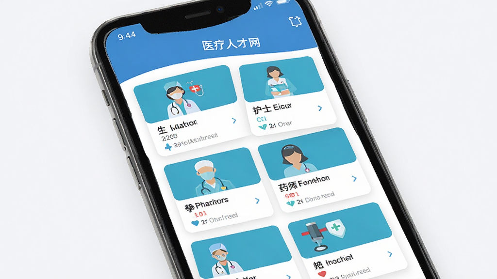 ҽ���˲���APP��ҳչʾ����ҽ��ְλ�б����ֻ���Ļ����ʾҽ������ʿ��ҩʦ�ȸ�λ��Ƭ����������������ɫ��ɫ������ƽ����Ʒ�񣬸ɾ��޶���Ԫ�أ����廭��