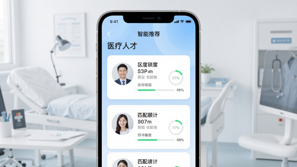 ҽ���˲���APP�����Ƽ�ְλ���ܽ��棬�ֻ���Ļ��չʾ���Ի��Ƽ�ְλ��Ƭ������ƥ��Ȱٷֱȱ�ʶ������Ϊǳ��ɫ���䣬�����Ű����룬�ִ���Լ��񣬸ɾ��޶���Ԫ�أ����廭��