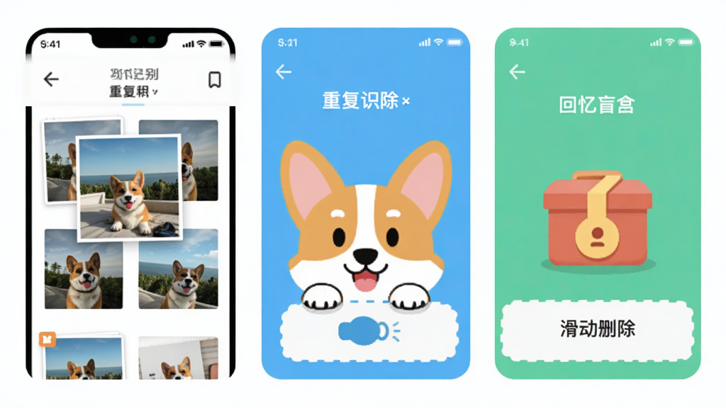 ��Ƭ��Ӧ�ý���չʾ��һֻ�ɰ��Ŀ»���������������û�������ᣬ���������ظ���Ƭʶ�𡢻���ɾ��������ä�еȹ���ģ���UI���棬�������µ���ɫ����ƽ����Ʒ�񣬻����������ɾ��޶���Ԫ��