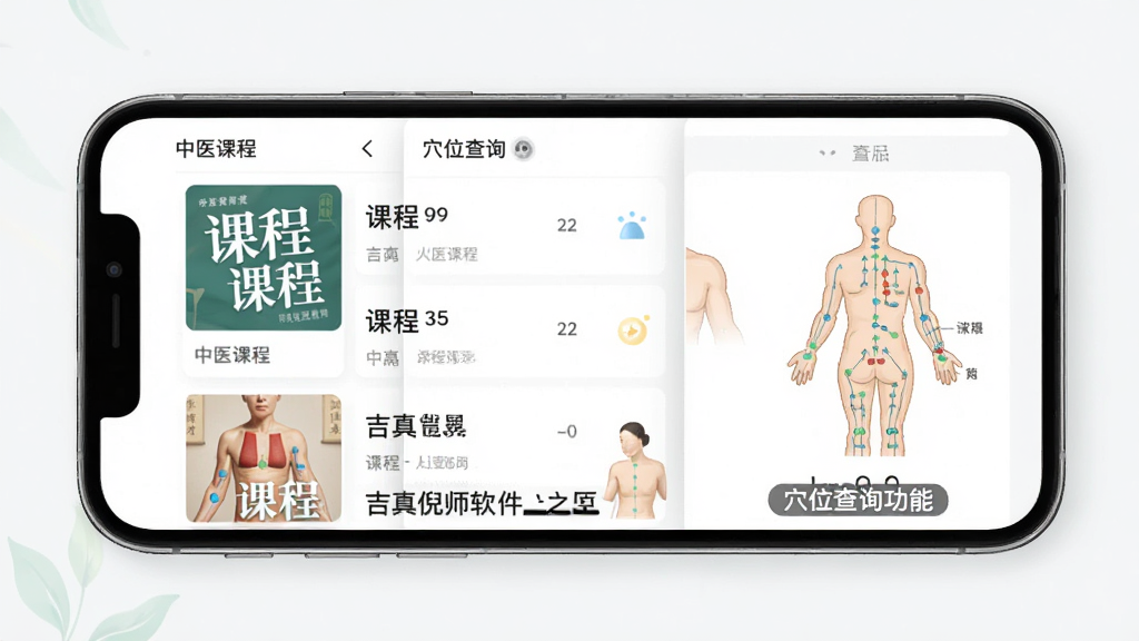 吉真倪师软件界面展示,主体为手机屏幕中显示中医课程列表与穴位查询功能,布局居中,排版清晰,风格为简约清新,细节包含课程封面、穴位图示与字幕区域,画质高清、干净、无多余元素