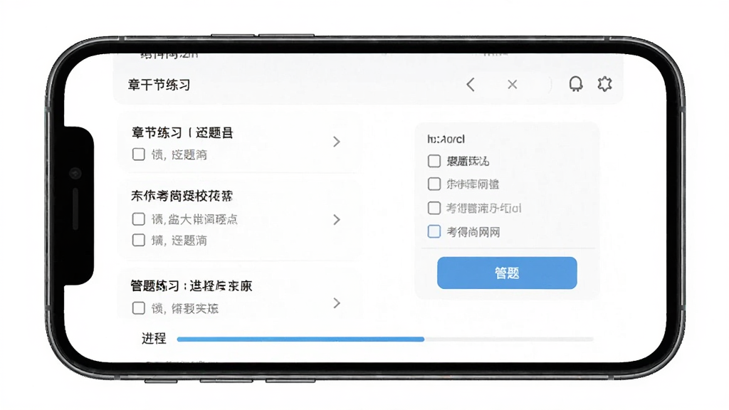 考得尚网校手机端题库练习界面预览图,主体为手机屏幕展示章节练习列表与答题卡,布局居中,排版清晰,风格简约教育类,细节包含题目选项与进度条,画质高清,干净,无多余元素