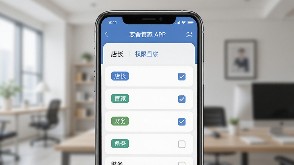 寒舍管家APP员工权限配置界面,主体为手机屏幕中角色权限勾选列表,布局居中,排版整齐,风格商务简约,细节包含店长、管家、财务角色标签,画质高清,干净,无多余元素