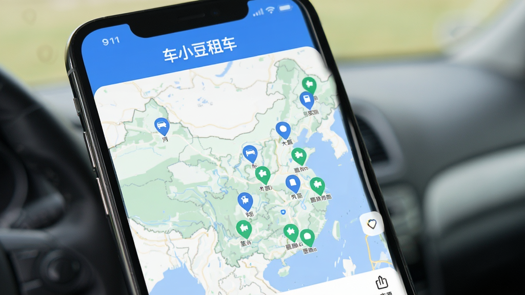 手机屏幕展示车小豆租车APP首页界面,地图上标注全国多个城市网点位置,蓝色和绿色为主色调,顶部显示