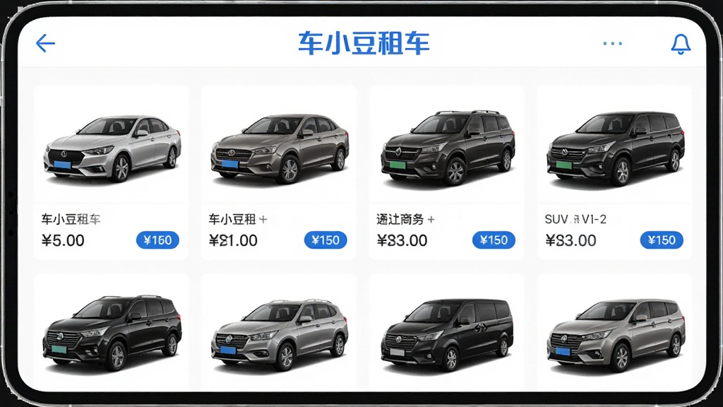 车小豆租车APP车辆列表页面截图,展示多款不同车型包括轿车SUV商务车,每辆车配有图片和价格信息,界面排版整齐,白色背景配蓝色点缀,