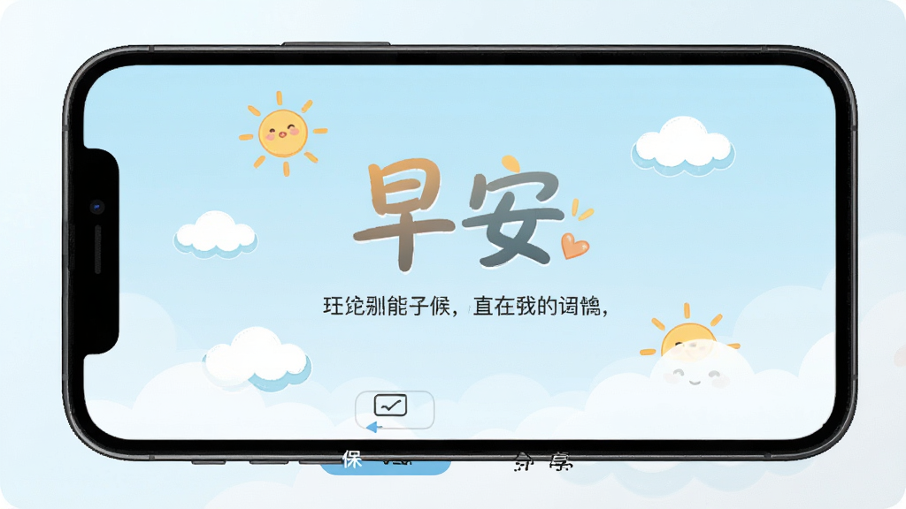 文案软件早晚安海报编辑界面,手机屏幕显示清新风格早安问候图,背景为淡蓝色渐变,中央有“早安”艺术字与正能量语录,四周点缀小太阳与云朵插画,界面底部有保存与分享按钮,整体风格干净明亮,画质清晰