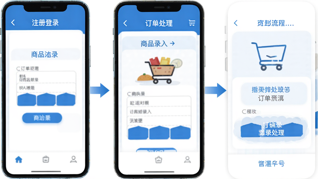 �������̼�APP��������ʾ��ͼ���ֻ�����չʾע���¼����Ʒ¼�롢���������Ȳ��裬��ƽ����Ʒ����ɫ��ɫ�����������ˣ����廭�ʣ��޶���Ԫ��