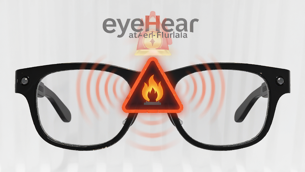 eyeHear环境声音预警功能,AR眼镜视野中弹出火灾警报图标并伴随震动波纹,主体为警报图标与眼镜,布局对称,排版直观,风格警示感,细节丰富,画质清晰,干净无多余元素