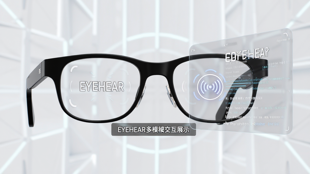 eyeHear多模态交互展示,AR眼镜视野中同时显示文字字幕与震动反馈图标,主体为眼镜与信息流,布局层次分明,排版清晰,风格现代,细节精致,画质高清,干净无多余元素