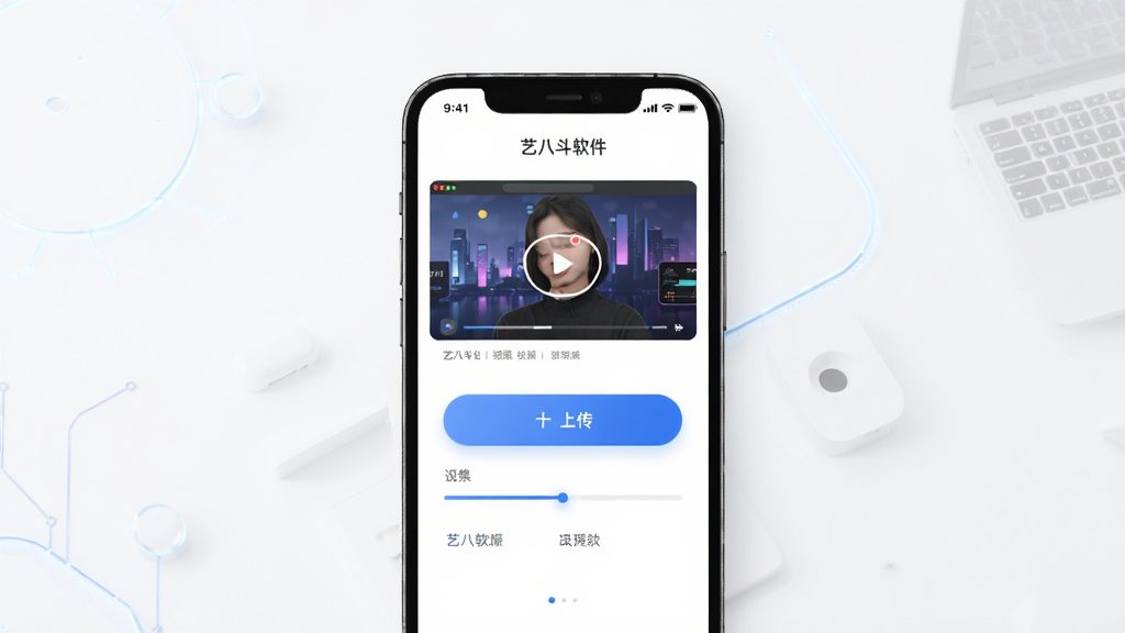 艺八斗软件界面展示,主体为手机屏幕中视频上传页面,布局简洁,排版清晰,风格现代科技感,细节包含上传按钮和进度条,画质高清,干净,无多余元素