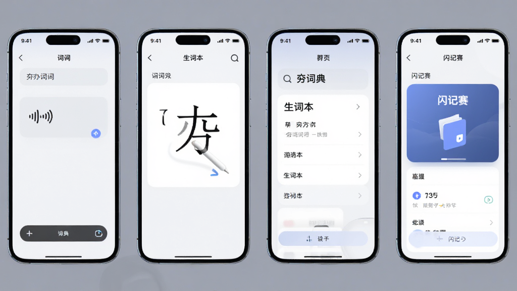 夯词词典功能展示图,主体为多部手机并排展示不同功能页面,布局横向排列,排版整齐,风格为柔和圆角商务风,细节包含语音输入、笔画动图、生词本、闪记赛界面,画质清晰,干净,无多余元素