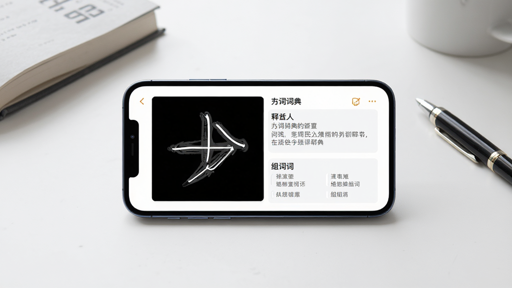 画面中央放置一部智能手机,屏幕显示夯词词典APP的查询界面,左侧展示笔画动图,右侧展示释义和组词,背景为简洁的书桌场景,布局清晰,排版整齐,风格现代简约,细节包含书本和笔,画质高清,干净,无多余元素