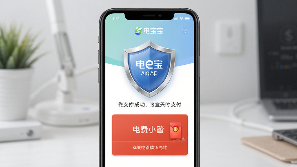 电e宝APP安全支付界面,手机屏幕显示支付成功和电费小红包,主体为手机和盾牌图标,布局居中,排版清晰,风格安全可靠,细节精致,画质高清,干净无多余元素