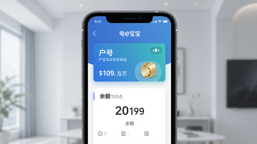 电e宝APP界面展示,手机屏幕显示户号卡片和余额信息,主体为手机,布局居中,排版简洁,风格现代科技感,细节清晰,画质高清,干净无多余元素