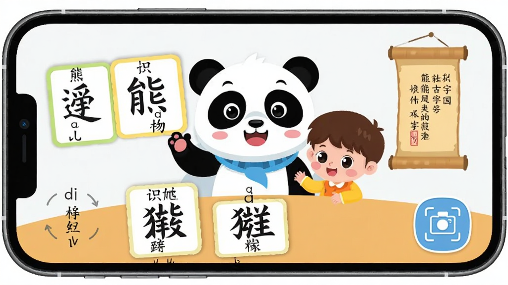 熊猫博士识字软件界面展示,主体为卡通熊猫博士带着孩子学习汉字,布局为手机屏幕居中展示,排版清晰,风格为儿童教育类扁平插画,细节包括汉字卡片、拼音标注、古诗卷轴和拍照识别图标,画质高清,干净,无多余元素
