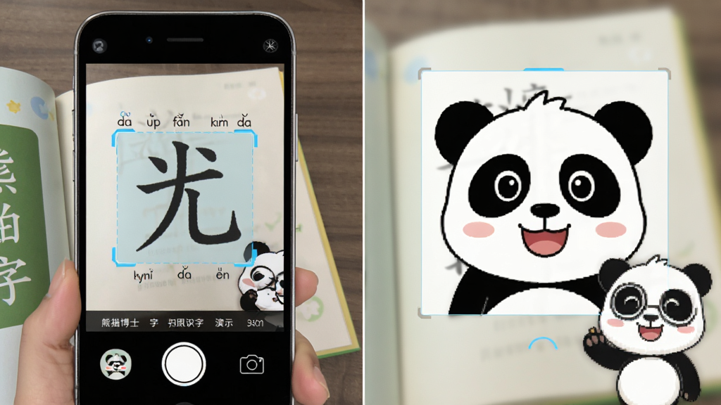 熊猫博士识字拍照识字功能演示,主体为手机拍摄书本上的汉字,布局为左右分屏展示拍摄画面和识别结果,排版简洁,风格为科技感与童趣结合,细节包括汉字识别框、拼音标注和熊猫博士卡通形象,画质清晰,干净,无多余元素