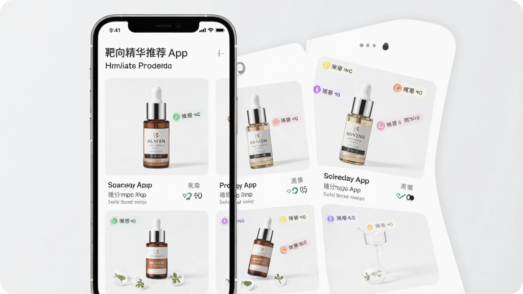 ��ʱ��App���򾫻��Ƽ�ҳ�棬�ֻ���Ļչʾ������Ʒ�б��ͳɷ�˵��������Ϊ�ֻ����棬�������ҷ������Ű�����������Լ�ִ���ϸ�ڰ�����ƷͼƬ�ͳɷֱ�ǩ�����ʸ��壬�ɾ����޶���Ԫ��