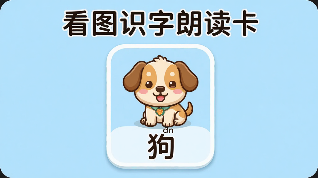 ������һ�Ŷ�ͯʶ�ֿ�ƬӦ�ý��棬����Ϊ������ʾһ�Ŷ��￨Ƭ����Ƭ���п�ͨС��ͼ���ͺ��֡�������ƴ�����Ű��࣬���Ϊ��ͨ�ɰ���ϸ�ڰ�����Ƭ�߿�Բ�ǡ�����ǳ��ɫ�����������ɾ��޶���Ԫ�أ�ͼ������Ϊ����ͼʶ���ʶ�����