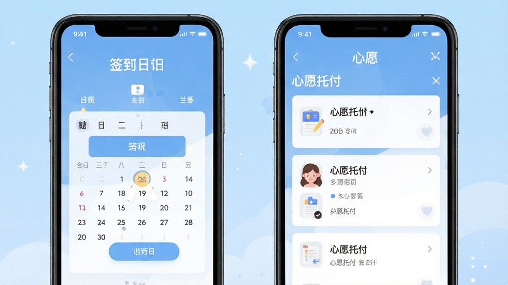心愿托软件界面展示,手机屏幕中显示签到日历与心愿托付列表,淡蓝色渐变背景,扁平化设计风格,布局清晰,细节精致,画质干净,无多余元素