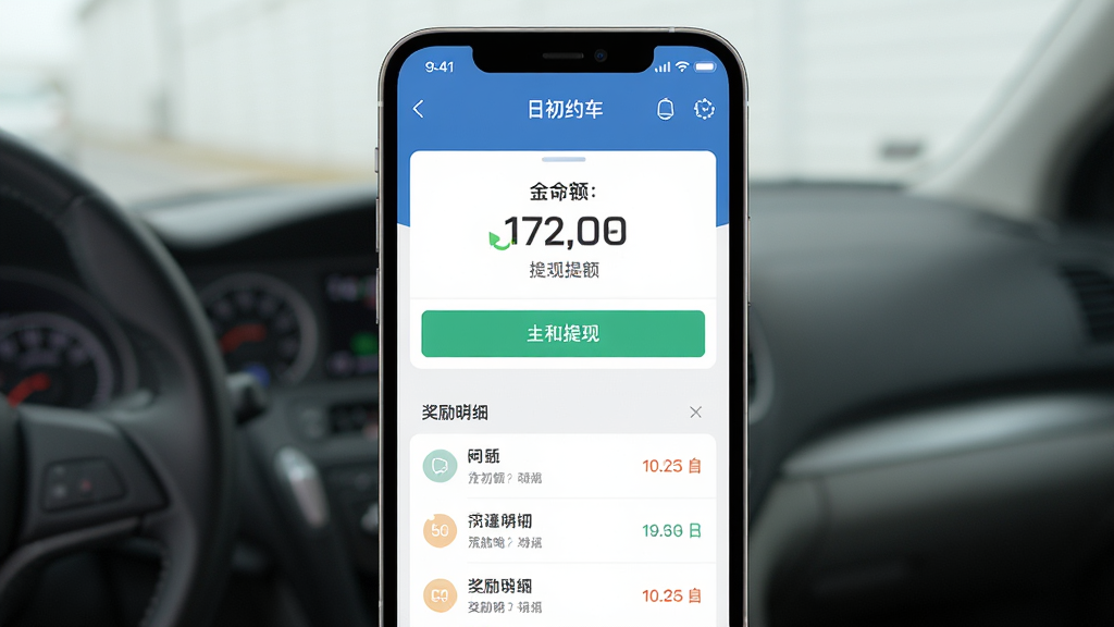 �ֻ���Ļ��ʾ�ճ�Լ��˾����APPǮ������ҳ�棬����Ϊ�ֻ����з��ã����ּ���������Ű����½ṹ������ִ���ƽ����ϸ�ڰ���������֡����ְ�ť��������ϸ�б������ʸ��壬�ɾ����޶���Ԫ��