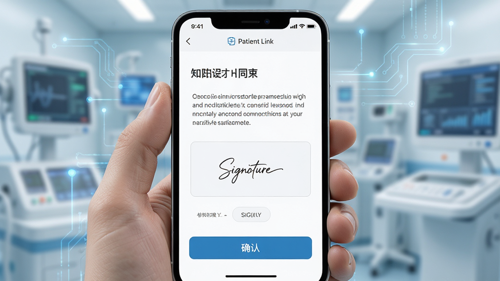 Patient Link Ӧ�ý��棬����Ϊ�ֻ���Ļչʾ����֪��ͬ����ǩ��ҳ�棬���־��У��Ű�����������ִ�ҽ�ƿƼ��У�ϸ�ڰ���ǩ�������ȷ�ϰ�ť�����ʸ��壬�ɾ����޶���Ԫ��
