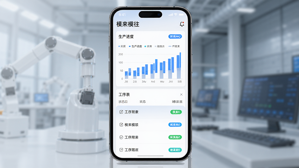 模来模往mlmw软件界面展示,主体为手机屏幕中显示生产进度看板与工序列表,布局为居中放置手机模型,排版简洁清晰,风格为现代商务科技感,细节包含蓝色数据图表与状态标签,画质高清干净无多余元素