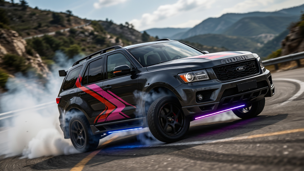 ��β����ս��Ϸ����ͼ������Ϊһ����װ��ĸ�����SUV��ɽ�����Ư�ƣ�����Ϊ�Խ��߹�ͼ���Ű�Ϊ��̬ץ�ķ�񣬷��Ϊдʵ������Ӱ��ϸ�ڰ�����̥�����������������޺���̵ƣ�����Ϊ���壬�ɾ��޶���Ԫ�ء�