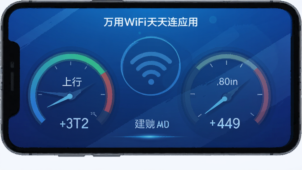 万用WiFi天天连应用内测速结果页面截图风格插画,显示下行速度、上行速度、延迟和抖动数值,仪表盘设计,蓝色渐变背景,科技感强,画质清晰,排版整洁,无多余元素