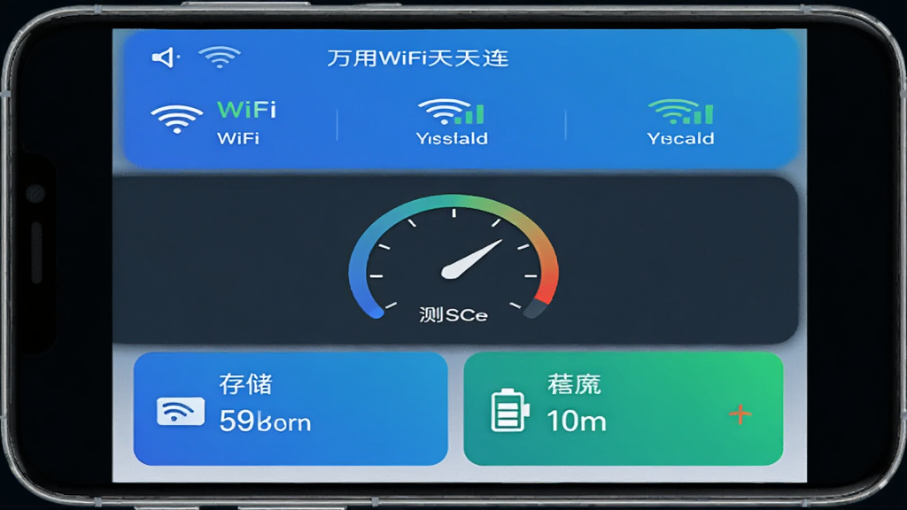 手机屏幕显示万用WiFi天天连应用主界面,上方是WiFi信号列表,中间有测速仪表盘,下方显示存储和电池信息卡片,蓝色科技风格,布局清晰,画质干净,无多余元素