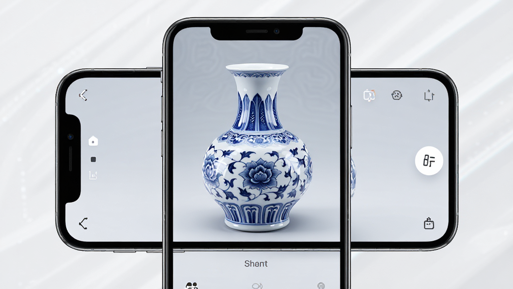 物时应用主界面展示一件精美青花瓷瓶的三维模型,主体为手机屏幕内呈现瓷器立体影像,布局居中,排版简洁,风格为现代科技感,细节包括瓷器表面纹理与光泽反射,画质高清,干净,无多余元素