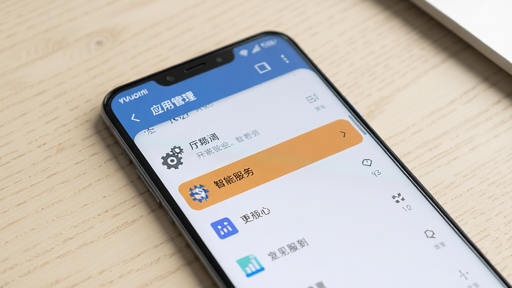 一部小米手机放置在浅色桌面上,屏幕显示应用管理页面,页面中“智能服务”条目被高亮标注,布局居中,排版清晰,风格简约商务,细节包含齿轮与数据图标,画质清晰,干净,无多余元素