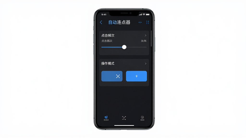 锐触自动连点器软件界面展示,主体为手机屏幕显示连点设置面板,布局居中,排版清晰,风格科技简约,细节包含点击频次滑块和操作模式按钮,画质高清,干净,无多余元素