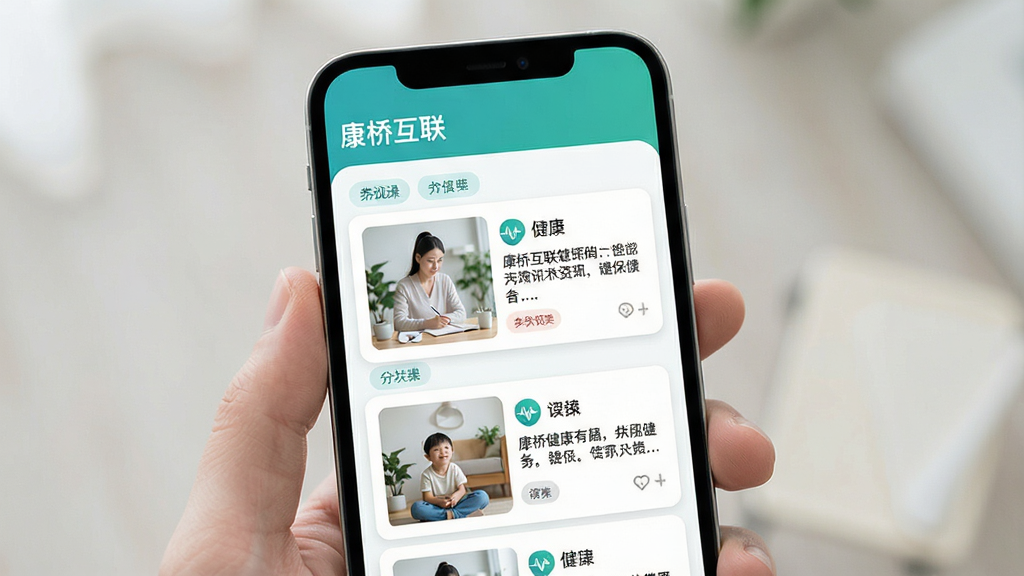 手机屏幕展示健康资讯列表,界面清爽,标题为“康桥互联”,主体突出资讯卡片,布局为上下滑动信息流,排版左图右文,风格现代简约,细节包含健康图标和分类标签,画质高清,干净,无多余元素