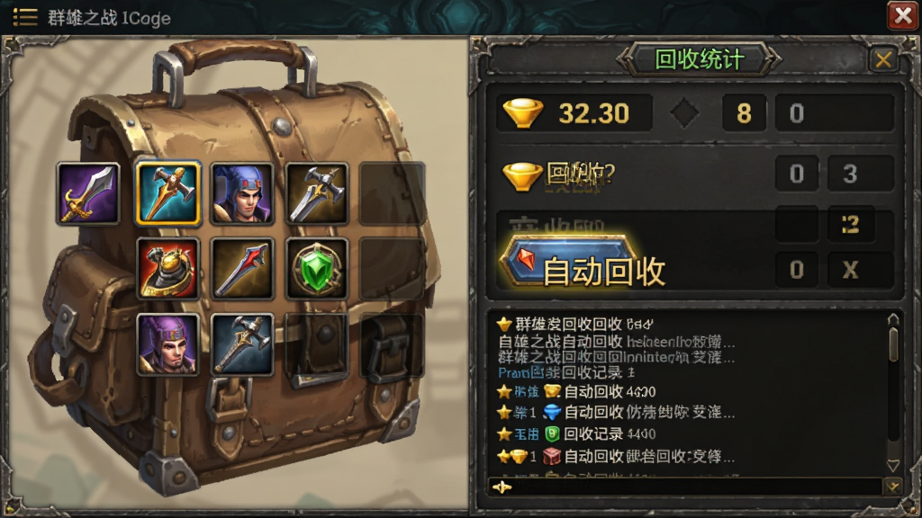 Ⱥ��֮ս�Զ����ս��棬����Ϊ��Ϸ�����������壬���ֲ������װ�����Ҳ����ͳ�ƣ��Ű�����չʾԪ����������ռ�¼�����Ϊ��������ϷUI�����߿�ϸ�ڰ������ⰴť�������־�����ʸ���ɾ��޶���Ԫ�أ������д����֡��Զ����ա�