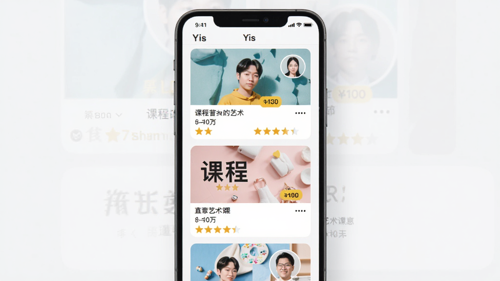 YisӦ�ý���չʾ������Ϊ�ֻ���Ļ����������������γ̿�Ƭ����ʦͷ�񣬲��ֲ��������Ű棬������¼�Լ��ϸ�ڰ����γ̷��桢�۸��ǩ�������Ǽ������������ɾ��޶���Ԫ��