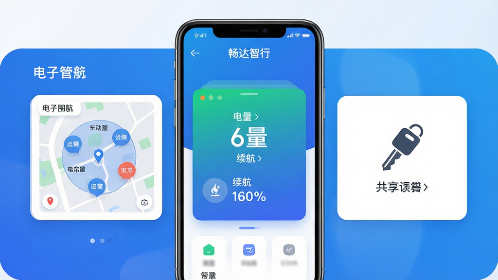 ��������App��ҳչʾ�����������棬��������Ϊ�綯��״̬��Ƭ��ʾ���������������Ϊ����Χ����ͼ����ͼ���Ҳ�Ϊ����Կ��ͼ�꣬�����������Ű�Ϊ�ֻ���Ļ���棬���Ϊ�ִ��Ƽ���Լ�磬ϸ�ڰ�����ɫ���䱳���Ͱ�ɫ��Ƭ�����ʸ��壬�ɾ����޶���Ԫ��