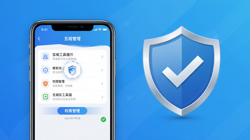 玄戒工具箱安全使用示意图,画面展示手机屏幕显示权限管理界面,旁边有盾牌图标和勾选标记,背景为干净的蓝色渐变,风格简洁安全,细节清晰,画质高清,无多余元素