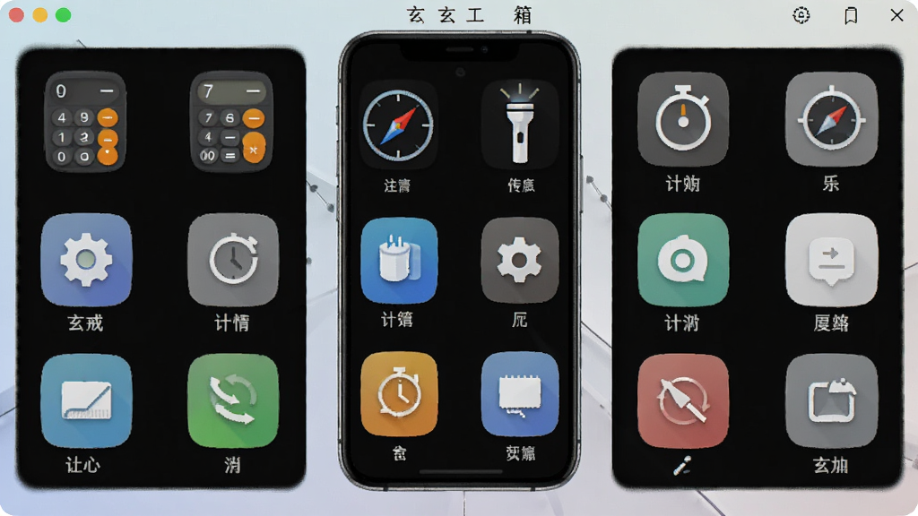 玄戒工具箱软件界面截图,画面中央展示手机屏幕,屏幕内呈现多种小工具图标网格布局,包含计算器、指南针、手电筒、倒计时等图标,背景为干净的浅色渐变,风格简洁现代,细节清晰,画质高清,无多余元素