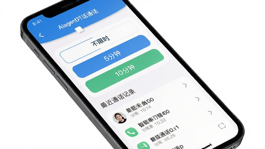 AIagent���ܶԻ�ͨ�����ý��棬����Ϊ�ֻ���Ļ��ʾͨ��ʱ��ѡ�����Ϊ�������У��Ű����������Ϊ��Լʵ�ã�ϸ�ڰ�������ʱ��5���ӡ�10���Ӱ�ť�����ͨ����¼�б��������������ɾ����޶���Ԫ��