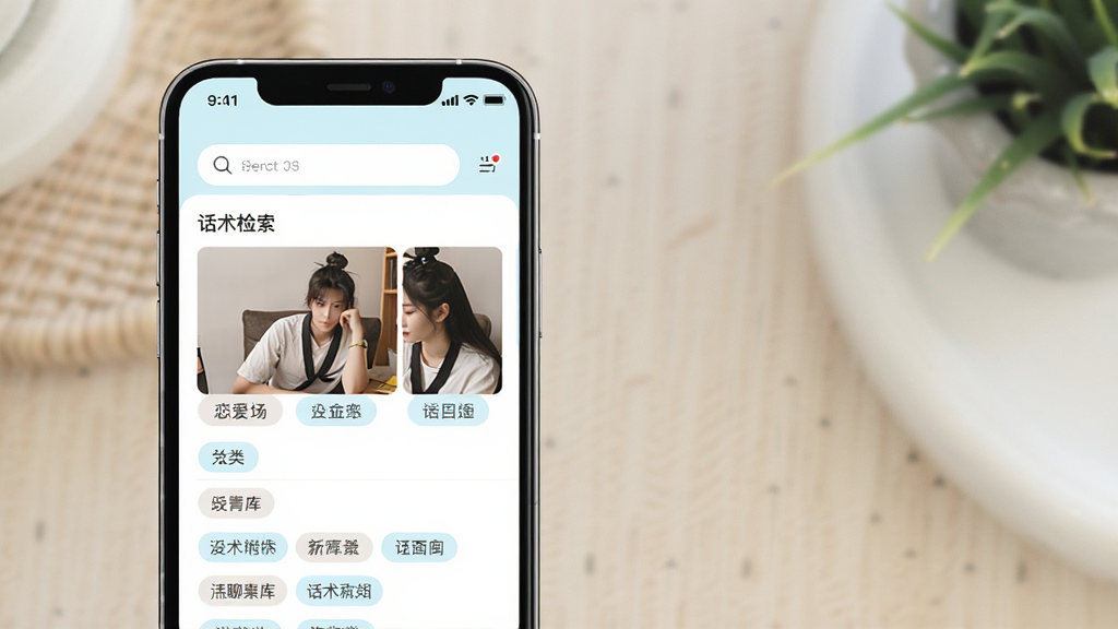 燕聊软件功能展示图,主体为手机屏幕中显示恋爱场景库和话术检索界面,布局左右分栏,排版整齐,风格为清新浅色系,细节包括搜索框和分类标签,画质清晰,干净,无多余元素